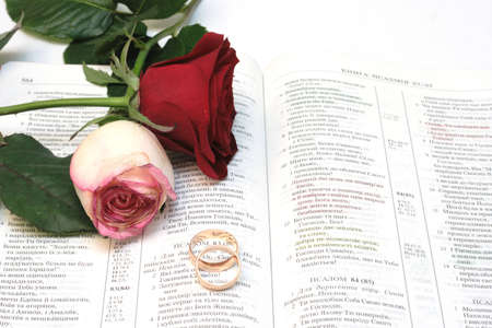 Two red roses and wedding rings on Bibleの写真素材