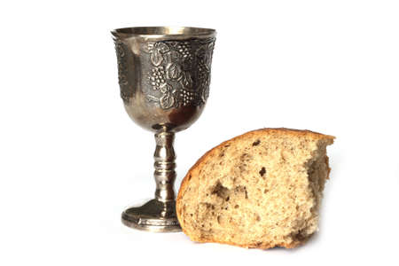 Bread and wine isolated on white backgroundの写真素材