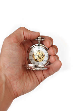 watch in a man's hand isolated on whiteの写真素材