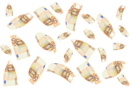 rain of 50 euro bills. Isolated on white backgroundの写真素材