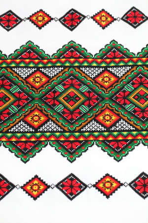 Detail of the yarn embroidery from a traditional Ukrainian Rushnyky (ceremonial towel).の写真素材