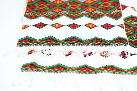 Detail of the yarn embroidery from a traditional Ukrainian Rushnyky (ceremonial towel).の写真素材