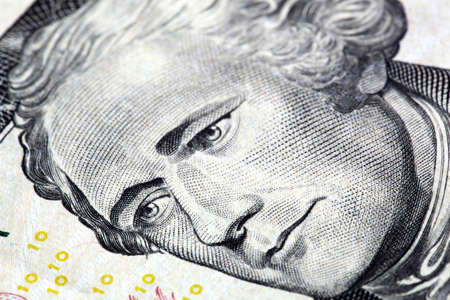 Portrait of Alexander Hamilton in front of the five dollar billの写真素材