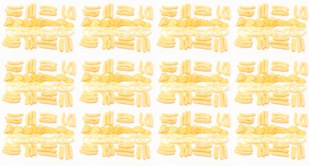 background with various potato chips on a white backgroundの写真素材