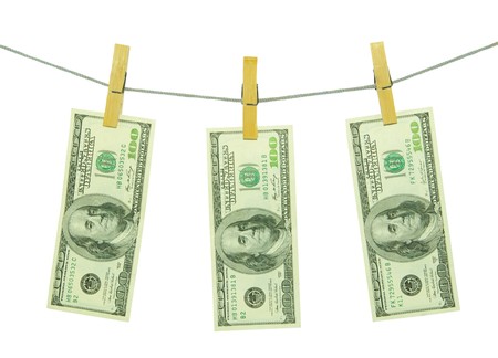 100 us dollar banknote hanging on a rope over white