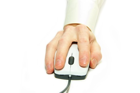 white computer mouse and hand on white の写真素材