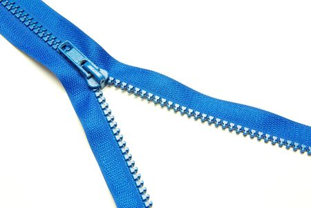 Unzipped blue metal zipper on white background