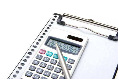 calculator and pen on a white backgroundの写真素材