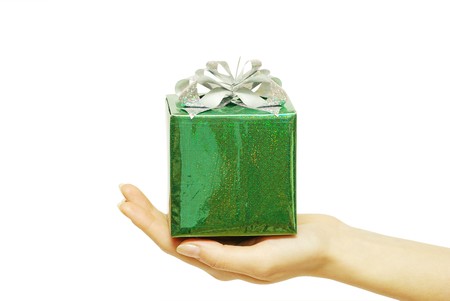 Hand and gift isolated on white background