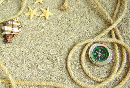 starfish and shells in rope on sandの写真素材