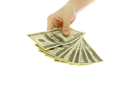 Hand with money isolated on white background