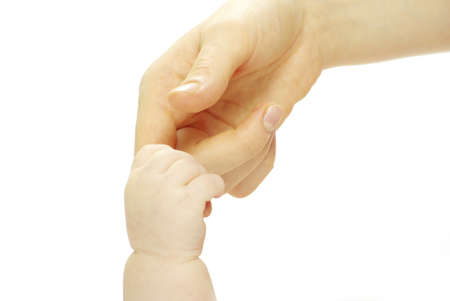 Baby hand holding mother finger isolated on white