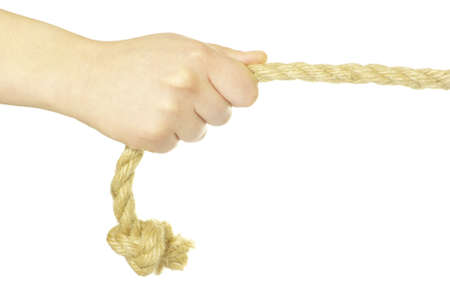 Hands and rope isolated on white backgroundの写真素材