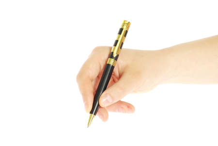 Hand and pen on the white background