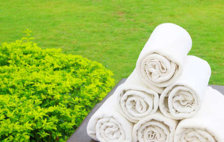 white towel in basket for spaの写真素材