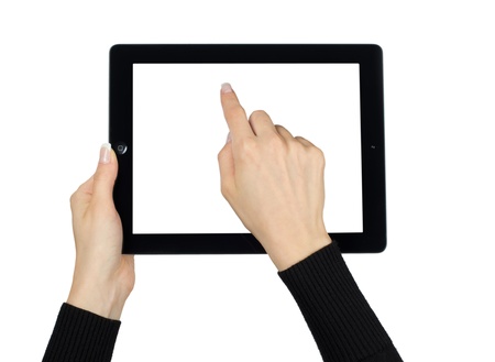 hands with tablet computer on whiteのeditorial素材