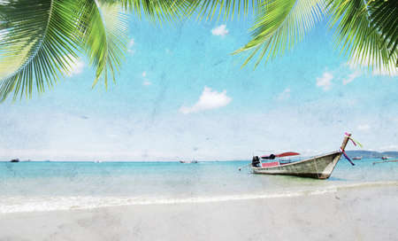 Tropical beach, longtail boats, Andaman Sea, Thailandの写真素材