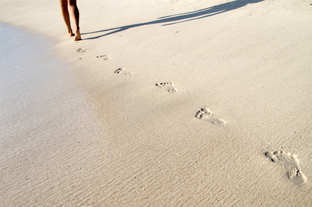 Footprints in wet sand of beachの写真素材