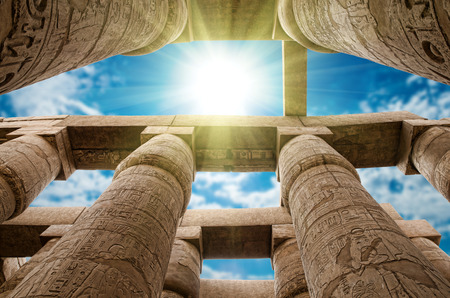 Close up of columns covered in hieroglyphics, Karnak, Egypt.の写真素材
