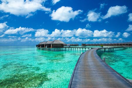 Beautiful beach with water bungalows at Maldivesのeditorial素材