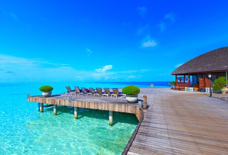 beach with water bungalows at Maldivesのeditorial素材