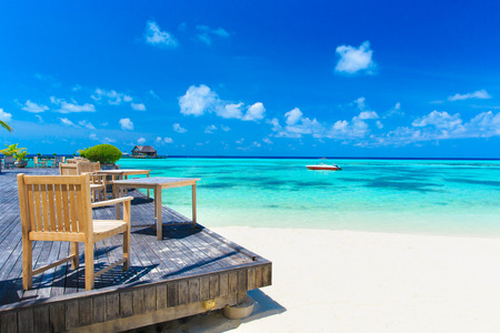 beach in Maldives with few palm trees and blue lagoon