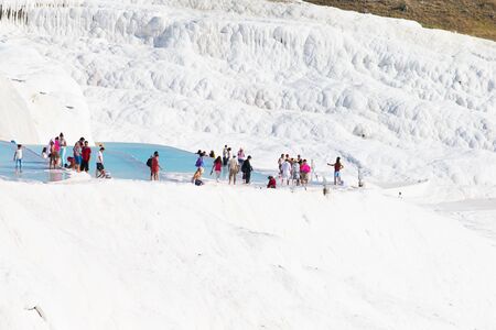 Pamukkale, Turkey - August, 14 2015: Tourists on Pamukkale Travertine pools and terraces. のeditorial素材