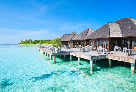 Beautiful beach with water bungalows at Maldivesのeditorial素材