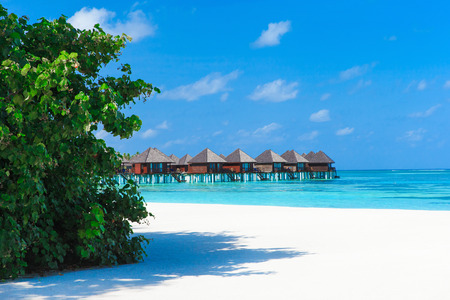 Beautiful beach with water bungalows at Maldivesのeditorial素材