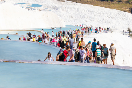 Pamukkale, Turkey - August, 14 2015: Tourists on Pamukkale Travertine pools and terraces. のeditorial素材