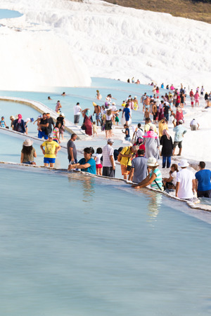 Pamukkale, Turkey - August, 14 2015: Tourists on Pamukkale Travertine pools and terraces. のeditorial素材