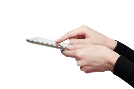 female hands holding a tablet touch computer gadget with isolated screen