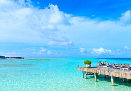 beach with water bungalows at Maldivesのeditorial素材
