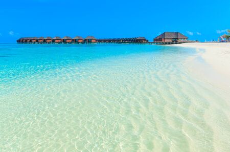 beach with water bungalows at Maldivesのeditorial素材