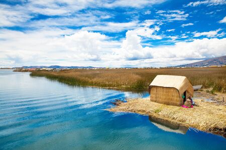 Totora boat on the Titicaca lake near Puno, Peruの写真素材