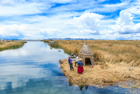 Totora boat on the Titicaca lake near Puno, Peruの写真素材
