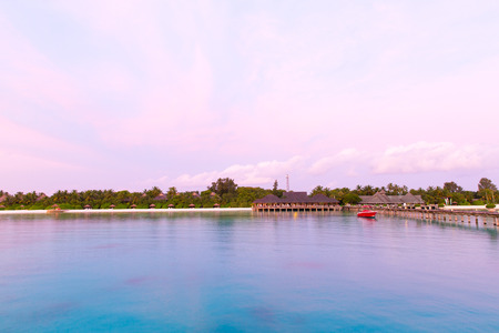 tropical beach in Maldives with few palm trees and blue lagoonの写真素材