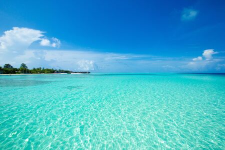 tropical beach in Maldives with few palm trees and blue lagoonの写真素材