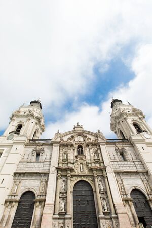 The Basilica Cathedral of Lima at sunset, it is a Roman Catholic cathedral located in the Plaza Mayor in Lima, Peruの写真素材