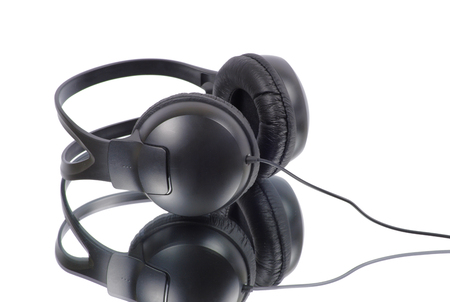 Wireless headphones on white backgroundの写真素材