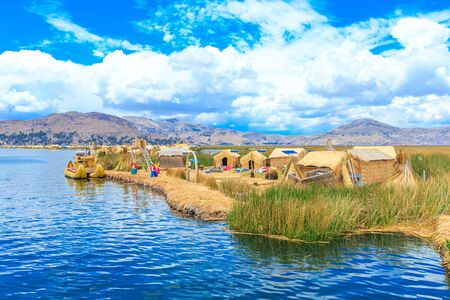 Totora boat on the Titicaca lake near Puno, Peruの写真素材