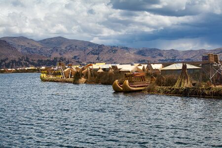 Totora boat on the Titicaca lake near Puno, Peruの写真素材