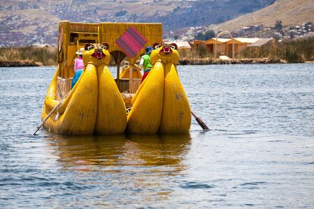 Totora boat on the Titicaca lake near Puno, Peruの写真素材