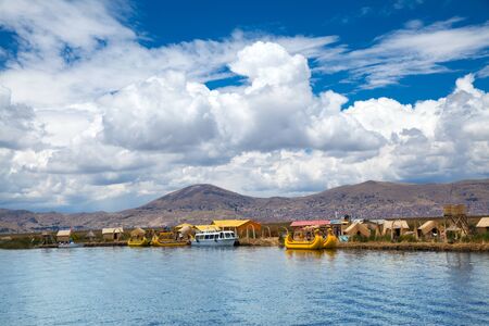 Totora boat on the Titicaca lake near Puno, Peruの写真素材