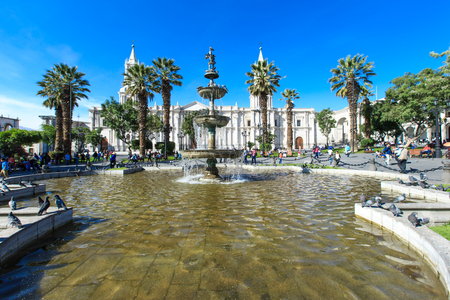 AREQUIPA PERU NOVEMBER 9: Main square of Arequipa with church on november 9  2015 in Arequipa Peru. Arequipa's Plaza de Armas is one of the most beautiful in Peru.のeditorial素材