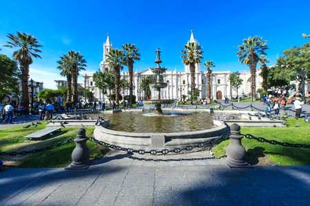 AREQUIPA PERU NOVEMBER 9: Main square of Arequipa with church on november 9  2015 in Arequipa Peru. Arequipa's Plaza de Armas is one of the most beautiful in Peru.のeditorial素材