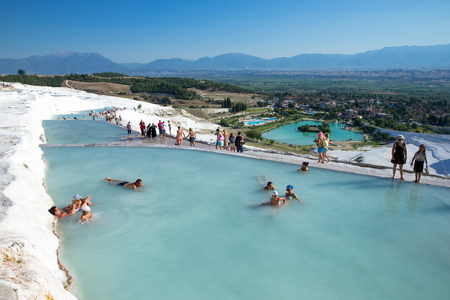Pamukkale, Turkey - August, 14 2015: Tourists on Pamukkale Travertine pools and terraces.のeditorial素材