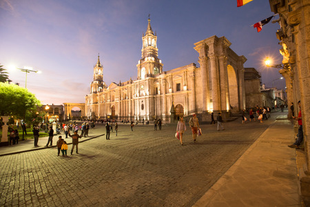 AREQUIPA PERU NOVEMBER 9: Main square of Arequipa with church on november 9 2015 in Arequipa Peru. Arequipa's Plaza de Armas is one of the most beautiful in Peru.のeditorial素材
