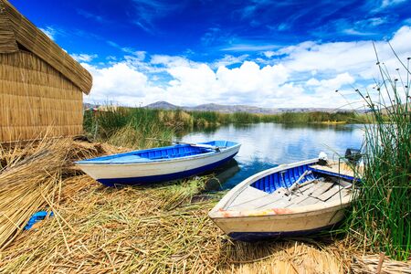 Totora boat on the Titicaca lake near Puno, Peruの写真素材