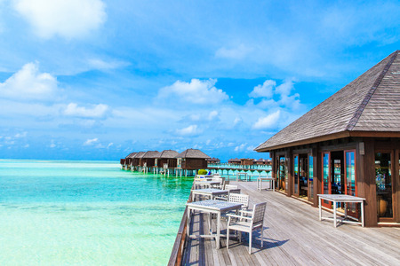 White tropical beach in Maldives with few palm trees and blue lagoonの写真素材